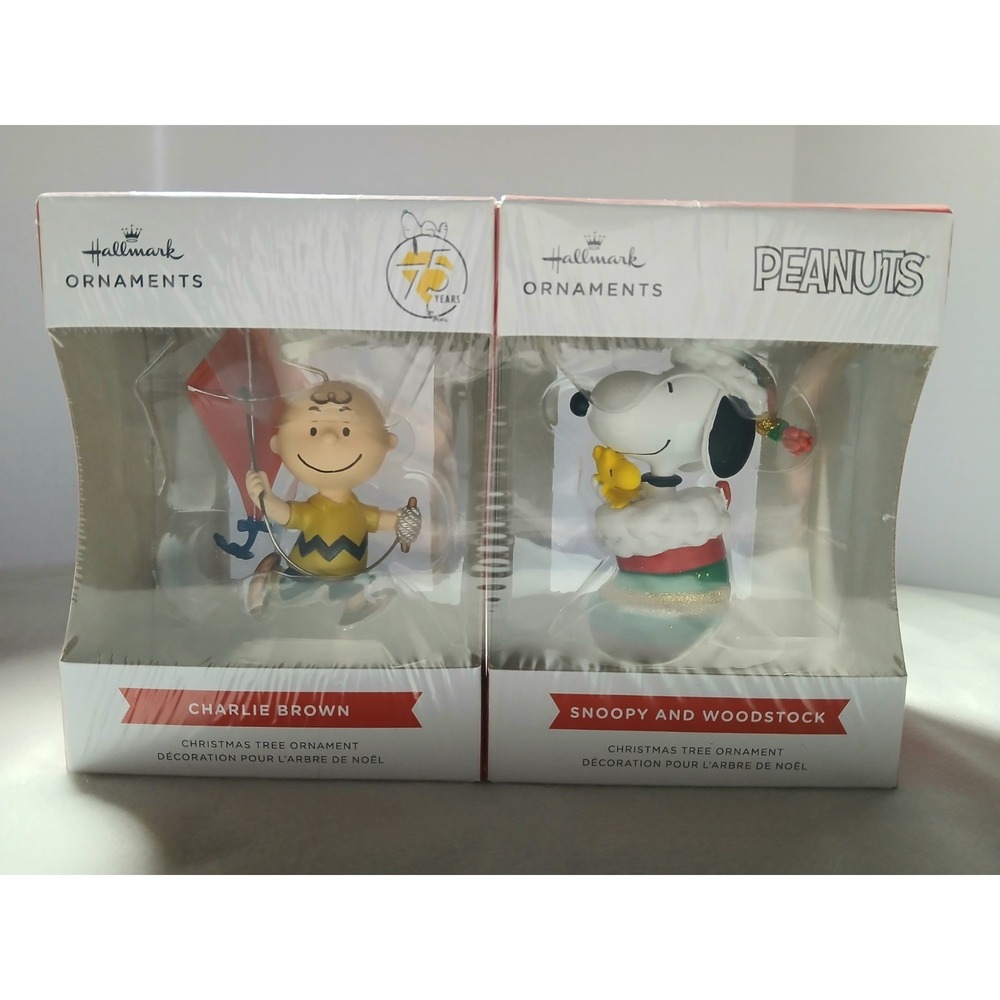 Hallmark Peanuts Ornaments Lot of 2 Charlie Brown 75th & Snoopy Stocking NIB